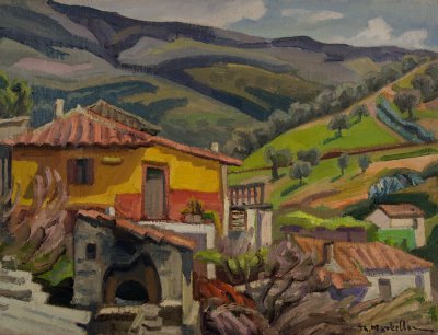 Ano Vathia Houses, Oven, Mountains — Oil painting, Canvas, 50.00×65.00cm — Theodoros Markellos